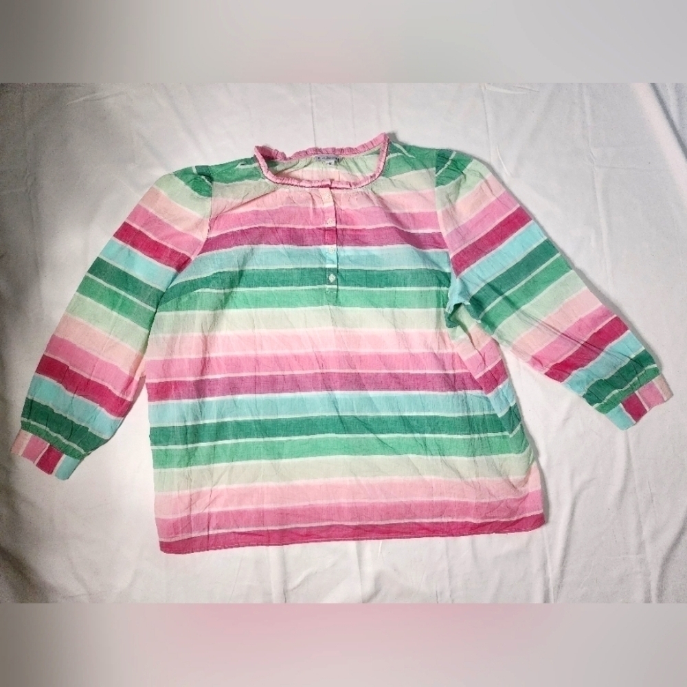 Kim Rogers Pink Green Stripe Lightweight Popover Blouse 2X